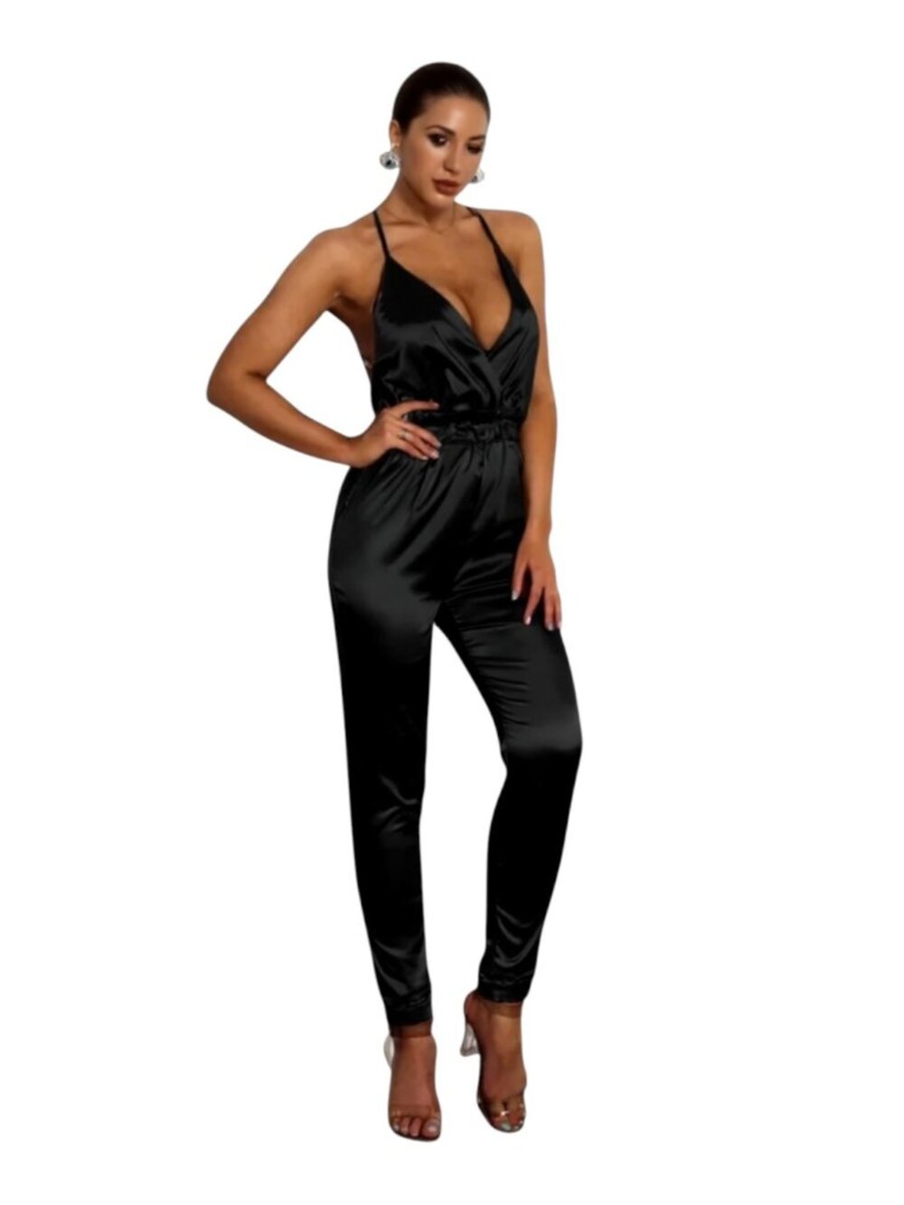 NWT Babyboo Fashions Scarlett Satin Jumpsuit Open Back Black XS - Picture 3 of 13